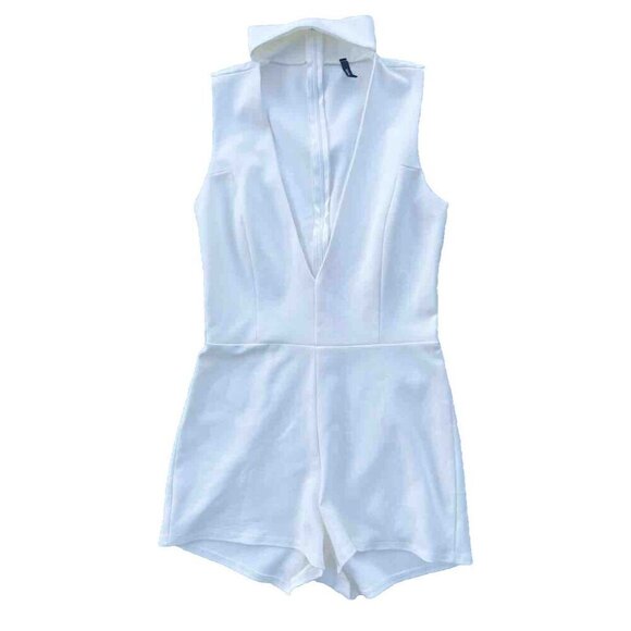 Blanc Pants - Blanc Women’s White Knit Cutout Mock Neck Romper Size M